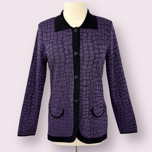 Exclusively Misook Collared Cardigan Sweater S Purple Black Geometric Button Up - Picture 1 of 12